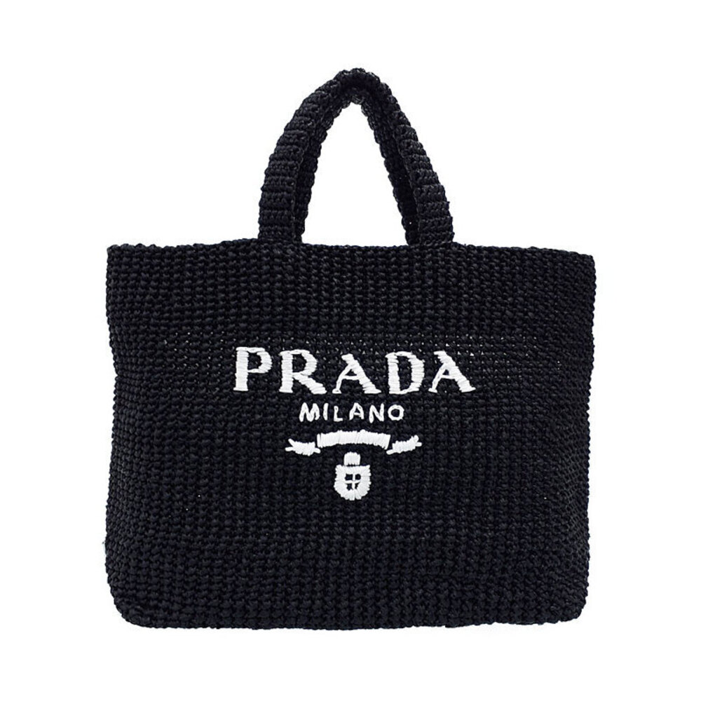 Prada Raffia Crochet Tote Bag woven texture embroidered logo Black